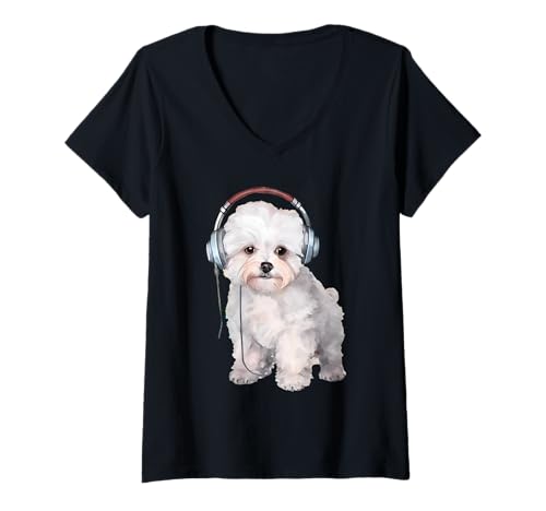 Damen Cool Bichon Frisé mit Kopfhörern T-Shirt mit V-Ausschnitt von All Dog Breeds
