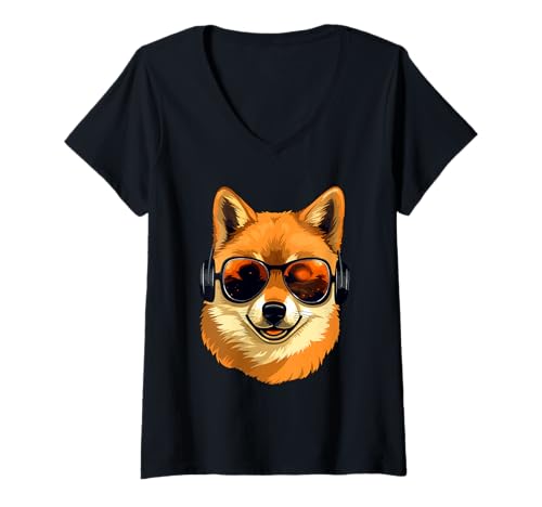 Damen Cool Shiba Inu mit Kopfhörern - Japanese Dog Vibes T-Shirt mit V-Ausschnitt von All Dog Breeds