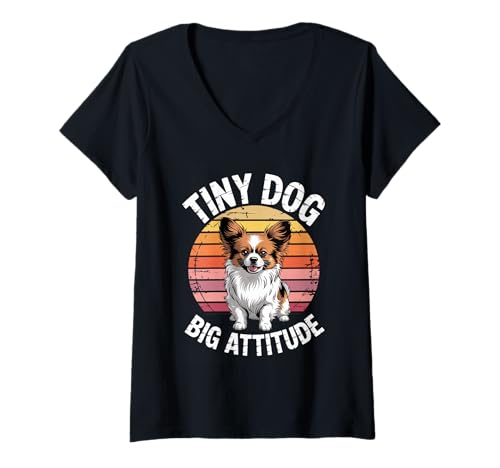 Damen Funny Papillon Vintage Sunset | Tiny Dog Big Attitude T-Shirt mit V-Ausschnitt von All Dog Breeds