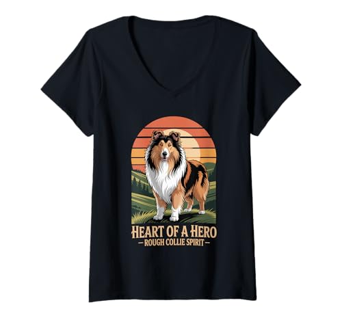 Damen Heart of a Hero - Rough Collie Spirit Vintage Design T-Shirt mit V-Ausschnitt von All Dog Breeds