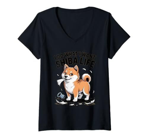 Damen I Do What I Want - Shiba Life Retro Cartoon Dog T-Shirt mit V-Ausschnitt von All Dog Breeds