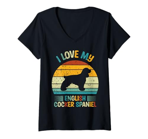 Damen I Love My English Cocker Spaniel - Retro Sunset Silhouette T-Shirt mit V-Ausschnitt von All Dog Breeds