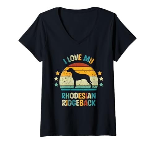 Damen I Love My Rhodesian Ridgeback - Retro Sunset Silhouette T-Shirt mit V-Ausschnitt von All Dog Breeds