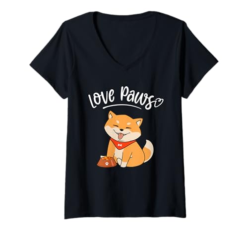 Damen Love Paws - Lustiger Shiba Inu Cartoon Hundeliebhaber T-Shirt mit V-Ausschnitt von All Dog Breeds