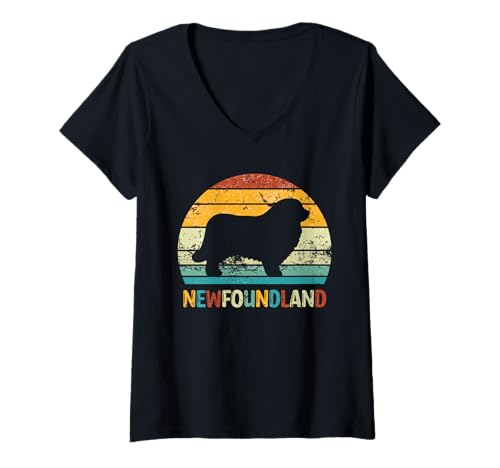 Damen Newfoundland Dog Retro Sunset Silhouette - Newf Lover T-Shirt mit V-Ausschnitt von All Dog Breeds
