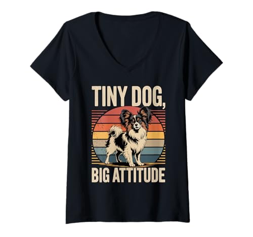 Damen Papillon Retro-Sonnenuntergang | Tiny Dog Big Attitude T-Shirt mit V-Ausschnitt von All Dog Breeds