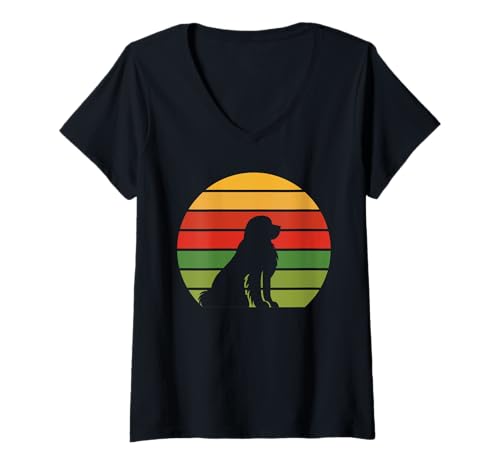 Damen Retro Newfoundland Dog Sitzpose T-Shirt mit V-Ausschnitt von All Dog Breeds