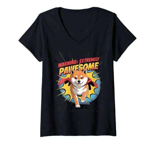 Damen Warnung: Extrem Pawesome - Shiba Inu Superhero Dog T-Shirt mit V-Ausschnitt von All Dog Breeds