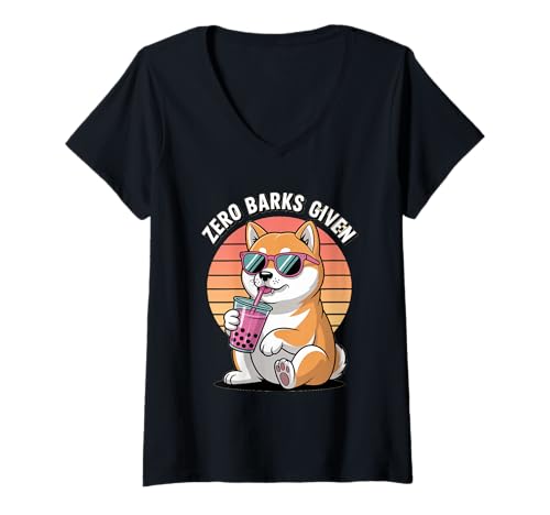 Damen Zero Barks Given - Boba-Loving Shiba Inu Dog T-Shirt mit V-Ausschnitt von All Dog Breeds