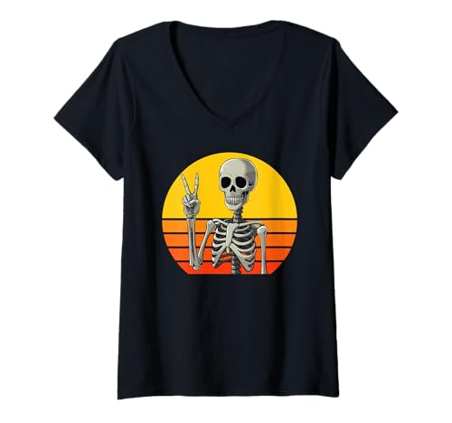 Damen Skelett Hand Peace Zeichen Halloween Skelett Frieden Hände T-Shirt mit V-Ausschnitt Damen Skelett Hand Peace Zeichen Halloween Skelett Frieden Hände T-Shirt mit V-Ausschnitt von All Hands Peace Signs