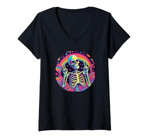 Damen Skelett Hand Peace Zeichen Halloween Skelett Frieden Hände T-Shirt mit V-Ausschnitt Damen Skelett Hand Peace Zeichen Halloween Skelett Frieden Hände T-Shirt mit V-Ausschnitt von All Hands Peace Signs