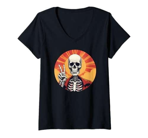 Damen Skelett Hand Peace Zeichen Halloween Skelett Frieden Hände T-Shirt mit V-Ausschnitt Damen Skelett Hand Peace Zeichen Halloween Skelett Frieden Hände T-Shirt mit V-Ausschnitt von All Hands Peace Signs