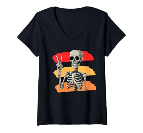 Damen Skelett Hand Peace Zeichen Halloween Skelett Frieden Hände T-Shirt mit V-Ausschnitt Damen Skelett Hand Peace Zeichen Halloween Skelett Frieden Hände T-Shirt mit V-Ausschnitt von All Hands Peace Signs