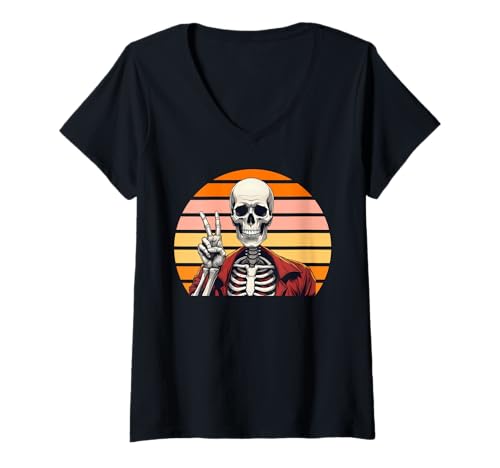 Damen Skelett Hand Peace Zeichen Halloween Skelett Frieden Hände T-Shirt mit V-Ausschnitt von All Hands Peace Signs