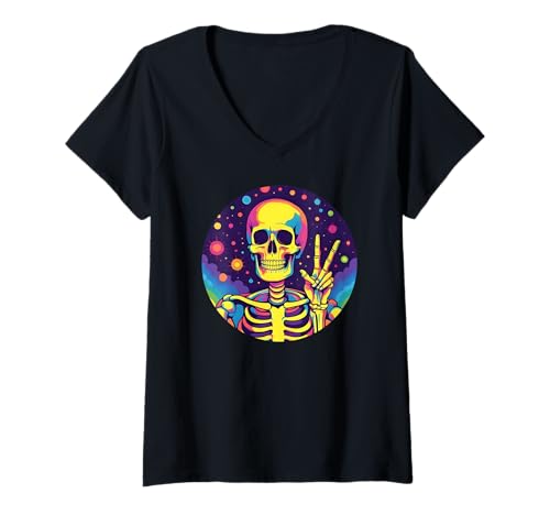 Damen Skelett Hand Peace Zeichen Halloween Skelett Frieden Hände T-Shirt mit V-Ausschnitt Damen Skelett Hand Peace Zeichen Halloween Skelett Frieden Hände T-Shirt mit V-Ausschnitt von All Hands Peace Signs