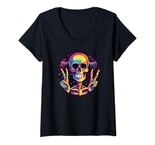 Damen Skelett Hand Peace Zeichen Halloween Skelett Frieden Hände T-Shirt mit V-Ausschnitt Damen Skelett Hand Peace Zeichen Halloween Skelett Frieden Hände T-Shirt mit V-Ausschnitt von All Hands Peace Signs