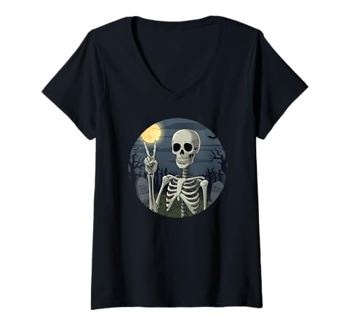 Damen Skelett Hand Peace Zeichen Halloween Skelett Frieden Hände T-Shirt mit V-Ausschnitt Damen Skelett Hand Peace Zeichen Halloween Skelett Frieden Hände T-Shirt mit V-Ausschnitt von All Hands Peace Signs