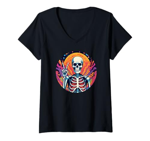 Damen Skelett Hand Peace Zeichen Halloween Skelett Frieden Hände T-Shirt mit V-Ausschnitt Damen Skelett Hand Peace Zeichen Halloween Skelett Frieden Hände T-Shirt mit V-Ausschnitt von All Hands Peace Signs