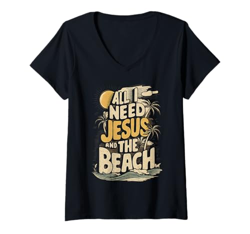 Damen Alles was ich Brauche ist Jesus und der Strand Christian Summer T-Shirt mit V-Ausschnitt Damen Alles was ich Brauche ist Jesus und der Strand Christian Summer T-Shirt mit V-Ausschnitt von All I Need Is Jesus And The Beach Christian Summer