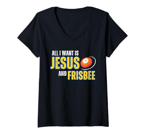 Damen Christian Frisbee Sport Spieler Lustiger Spruch Christian Humor T-Shirt mit V-Ausschnitt Damen Christian Frisbee Sport Spieler Lustiger Spruch Christian Humor T-Shirt mit V-Ausschnitt von All I Want Is Jesus And Frisbee Designs