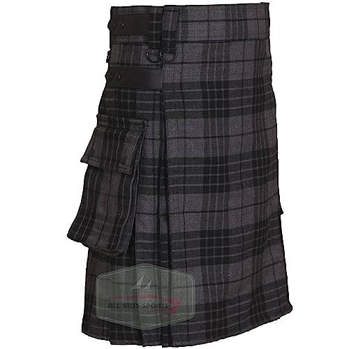 Herren Kilt aus Dark Grey Watch Tartan Lederriemen 16OZ Acryl Wolle Utility Kilts (Dark Grey Watch, 30'') von All Kilts Sports