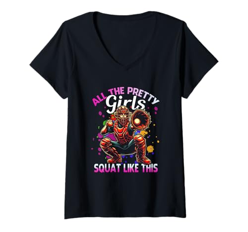 Damen Lustiger Softball-Fänger, wie alle hübschen Mädchen in die Hocke gehen T-Shirt mit V-Ausschnitt von All The Pretty Girls Squat Like-This Softball