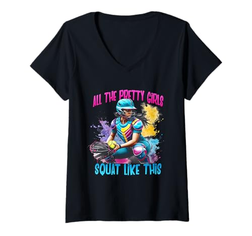 Damen Lustiger Softball-Fänger, wie alle hübschen Mädchen in die Hocke gehen T-Shirt mit V-Ausschnitt von All The Pretty Girls Squat Like-This Softball