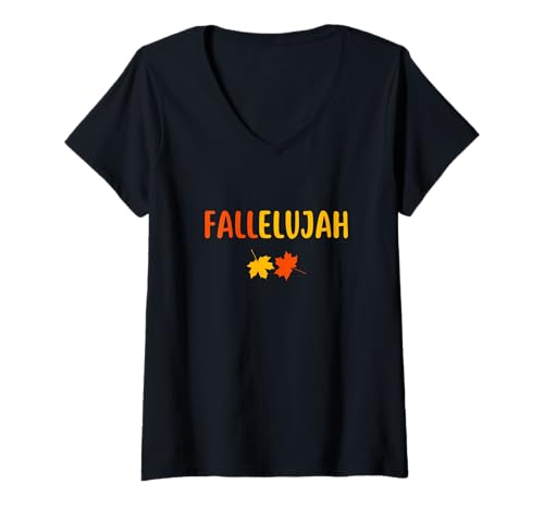 Damen Herbstliebhaber Fallelujah Herbstblätter Wortspiel Witz Herbstsaison T-Shirt mit V-Ausschnitt von All Things Fall Apparel
