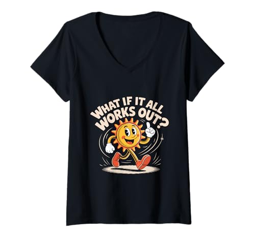 Damen All Works Out Retro Gummischlauch Sonne Motivierende Positivität T-Shirt mit V-Ausschnitt von All Works Out Retro Rubber Hose Sun