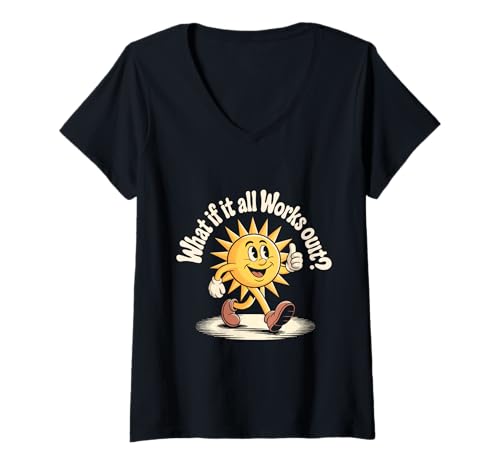 Damen All Works Out Retro Gummischlauch Sonne Motivierende Positivität T-Shirt mit V-Ausschnitt von All Works Out Retro Rubber Hose Sun