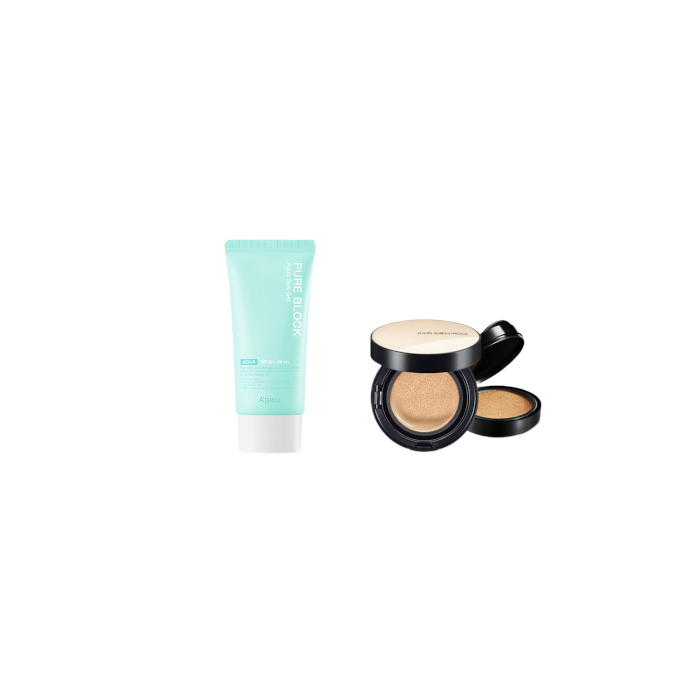 A'PIEU - Pure Block Aqua Sun Gel SPF50+ PA+++ X Jung Saem Mool - Essential Skin Nuder Cushion - 14g+14g - Medium-Deep von All-in-one Sets