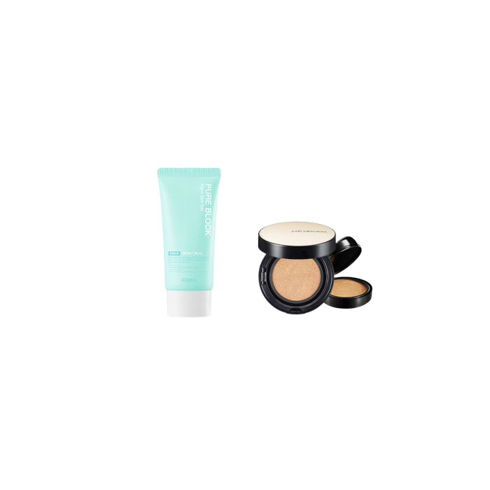 A'PIEU - Pure Block Aqua Sun Gel SPF50+ PA+++ X Jung Saem Mool - Essential Skin Nuder Long Wear Cushion - 14g+14g - Medium Deep von All-in-one Sets