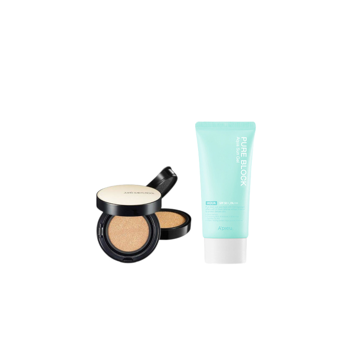 A'PIEU - Pure Block Aqua Sun Gel SPF50+ PA+++ X Jung Saem Mool - Essential Skin Nuder Long Wear Cushion - 14g +14g - Light von All-in-one Sets