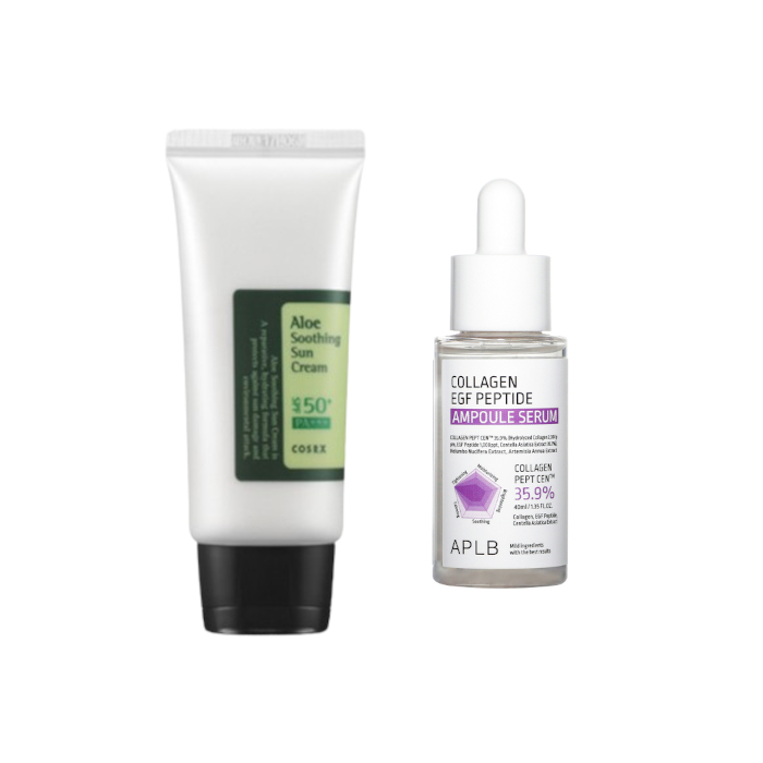 COSRX - Aloe Soothing Sun Cream SPF50+ PA+++ - 50ml + APLB - Collagen EGF Peptide Ampoule Serum - 40ml Set von All-in-one Sets