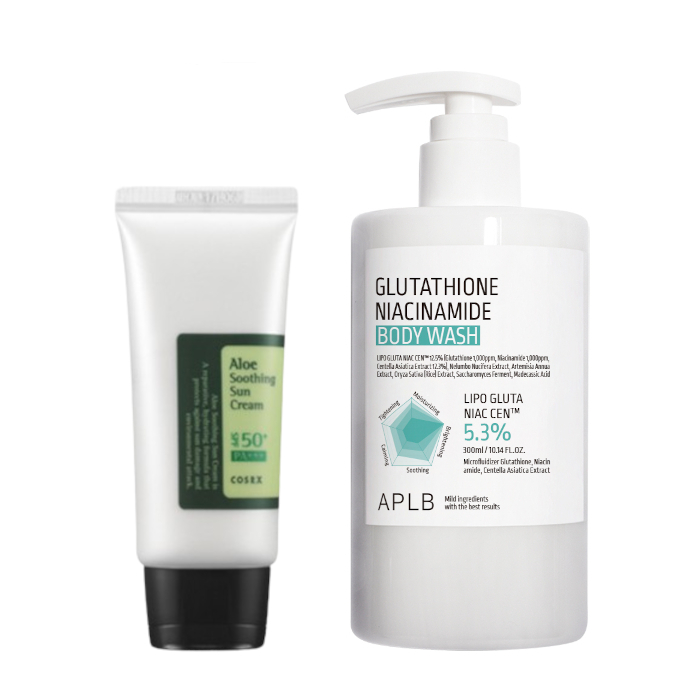 COSRX - Aloe Soothing Sun Cream SPF50+ PA+++ - 50ml + APLB - Glutathione Niacinamide Body Wash - 300ml Set von All-in-one Sets