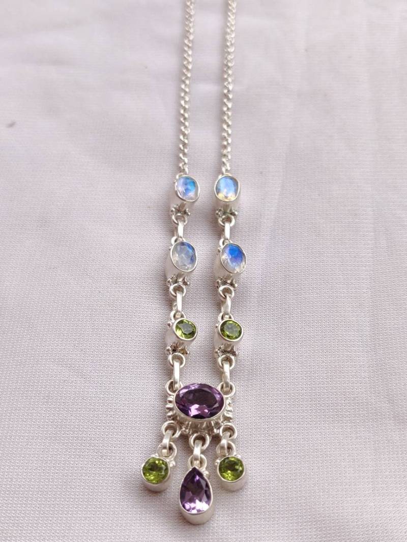 Amethyst Peridot Regenbogen Mondstein Sterling Silber 925 Halskette - 15 "Länge von AllBeadsWorldShop