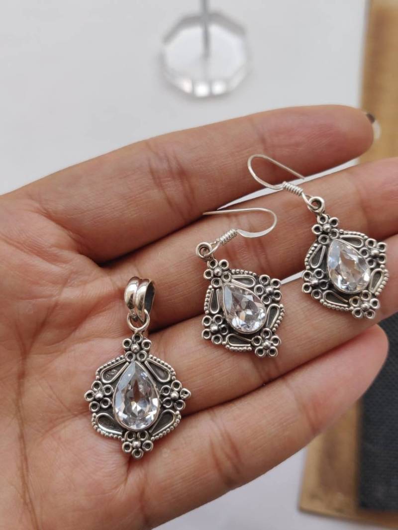 Amethyst & Kristall Sterling Silber 925 Anhänger Ohrringe Set Antike Politur von AllBeadsWorldShop