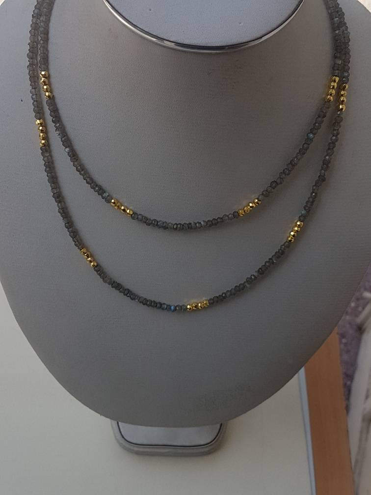 Labradorit Rondell 40 Zoll Halskette Goldene Pyrit Perlen, 925 Silberverschluss von AllBeadsWorldShop