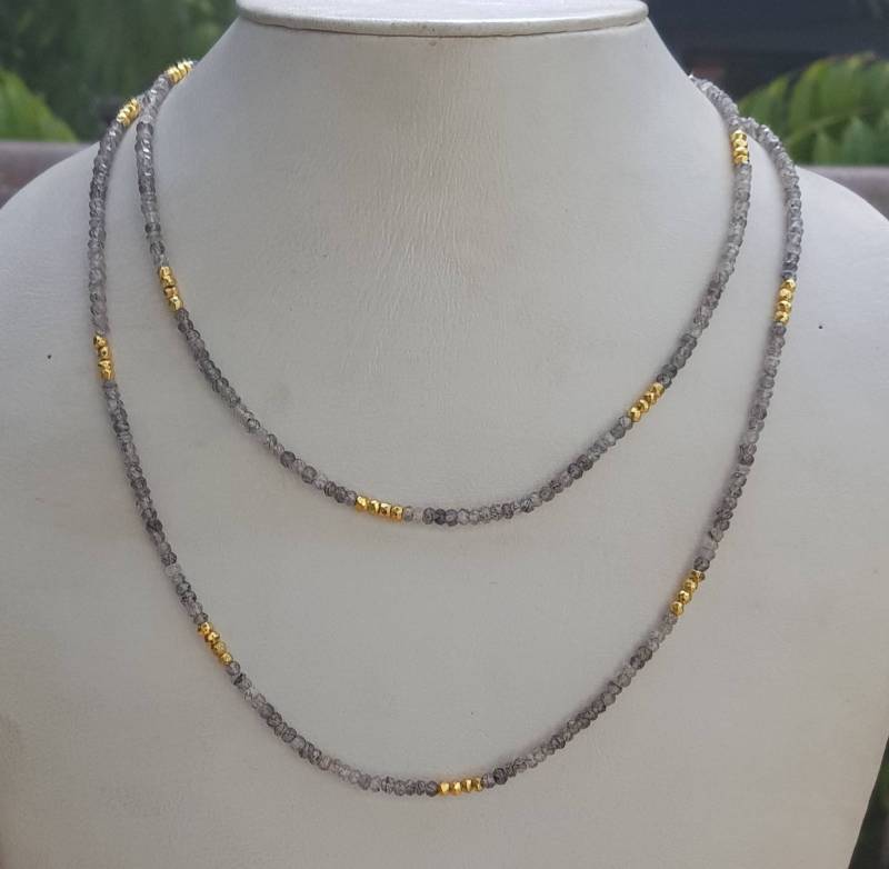 40 Inch Schwarze Rutilquarzkette Goldene Pyritrondelle, 925Er Silberverschluss von AllBeadsWorldShop