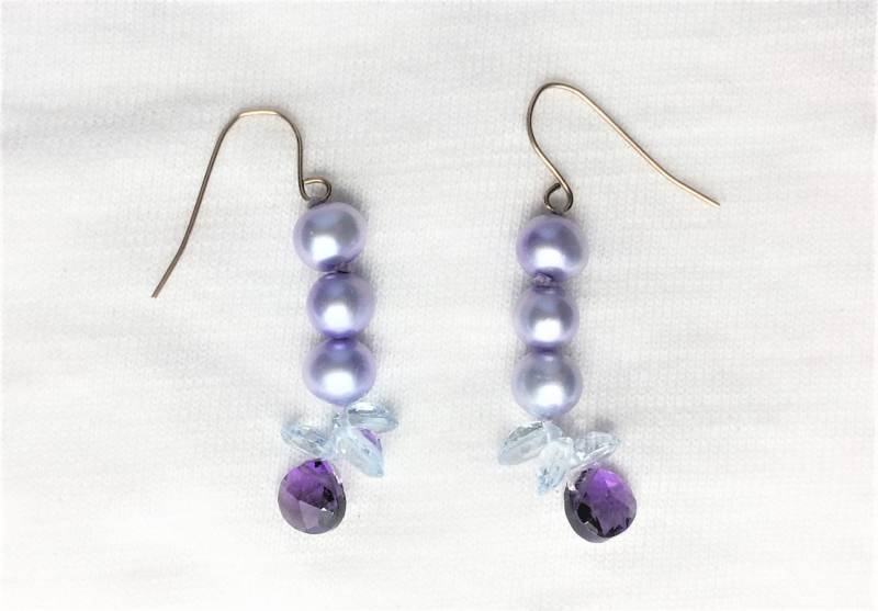 Nachlass 14K Gold Echte Perle Amethyst Blautopas Edelstein Tropfen Durchbohrte Ohrringe 3, 1G Haken Paar 1-1/2 "Lang Markiert 14 K Kt 14Kt Sieht von AllGold14k10k18k