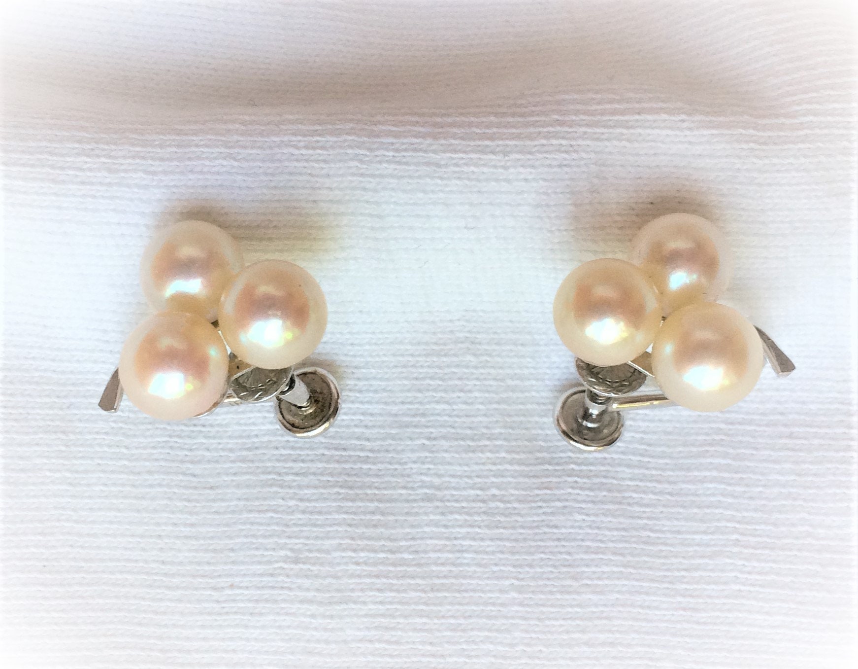 Nachlass 14K Schwere 4, 5G Weißgold Echte Perle Clip Auf Clipon Ohrringe Glück 3-Blatt Kleeblatt Markiert 14 K 14Kt Vintage Große Schraubverschluss von AllGold14k10k18k