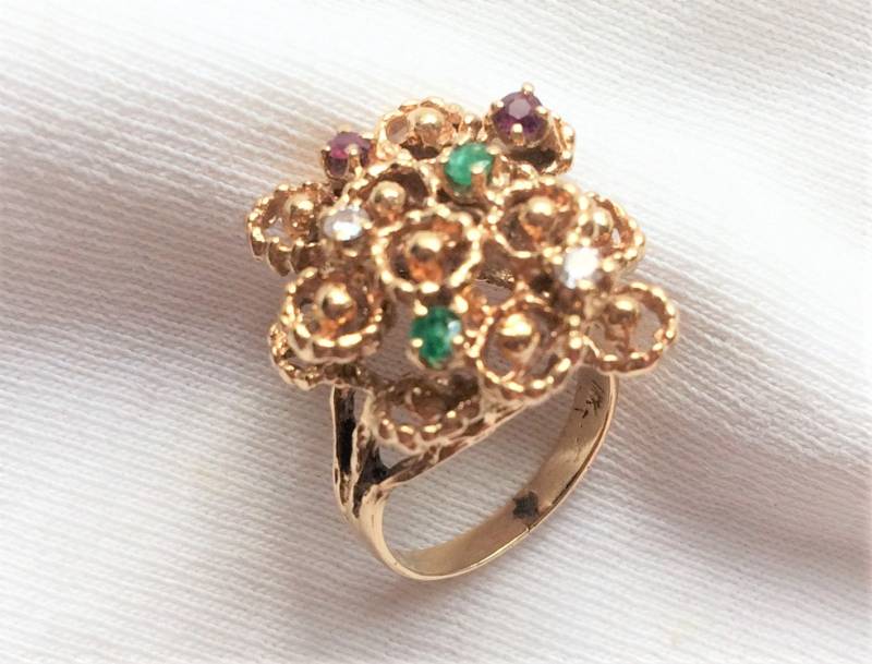 Nachlass 18K Gold Schwere 8, 9G Vintage Echter Diamant Rubin Smaragd Dinner Cocktail Ring Benutzerdefinierte Cluster Sz 4, 75 Groß Markierte 18 K Kt von AllGold14k10k18k