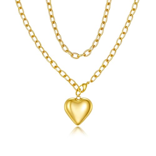 AllJunction Chunky Gold Puffy Heart Charm Necklace Big Statement Hearts Pendant Cuban Link Chain Choker Long Y Shaped Necklaces Jewelry for Women Trendy, Large, Legierter Stahl, Kein Edelstein von AllJunction