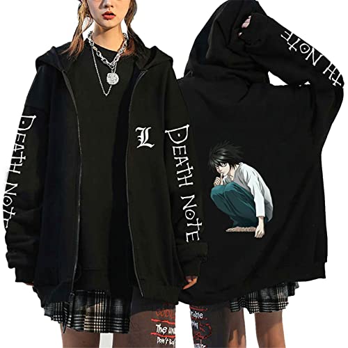 AllMonyba Death Note Anime Reißverschluss Hoodie Sweatshirt für Damen Herren L·Lawliet Übergroße Kapuzen Sweatshirt Jacke von AllMonyba