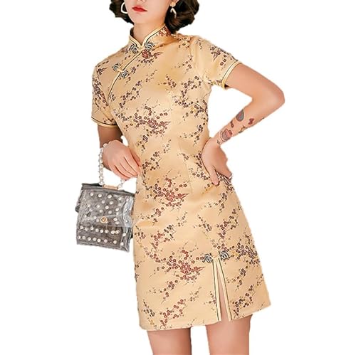 AllMonyba Frauen Seide Bestickt Cheongsam Kurz Chinesischer Stil Slim Daily Qipao Seite Schlitz Kleider von AllMonyba