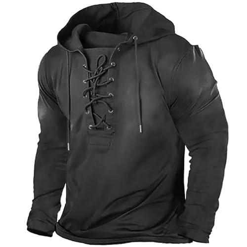 AllMonyba Herren Einfarbig Hoodie mit Schnürung Herbst Winter Distressed Langarm Pullover Sweatshirt von AllMonyba