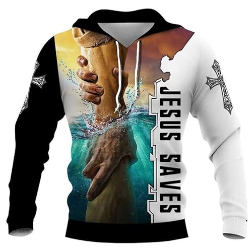AllMonyba Herren Kapuzenpulli 3D Christliche Jesus Muster Gedruckt Mode Unisex Sweatshirt Herbst Streetwear Übergroße Lässige Kapuzenpulli von AllMonyba
