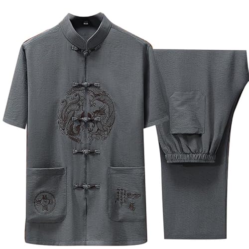 AllMonyba Oriental Dragon Tang Anzug Casual Mandarin Kragen Chinesisch Traditionelle Kung Fu Kleidung Kurzarm Shirt + Hose 2 Stück Set für Männer von AllMonyba