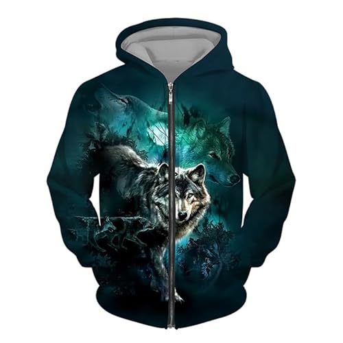 AllMonyba Wolf 3D gedruckt Kapuzenpulli mit Reißverschluss Unisex Sweatshirt Jacke mit Kapuze und Reißverschluss von AllMonyba