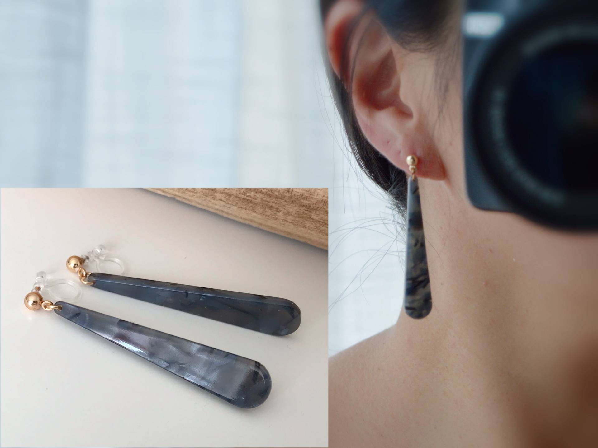 Hängende Ohrringe Acetat in Form Von Dunkelgrauem Wassertropfen, Kleine Goldene Perle Clips Invisible Hängende Ohrringe Acetat in Form Von Dunkelgrauem Wassertropfen, Kleine Goldene Perle Clips Invisible von AllMyLadies